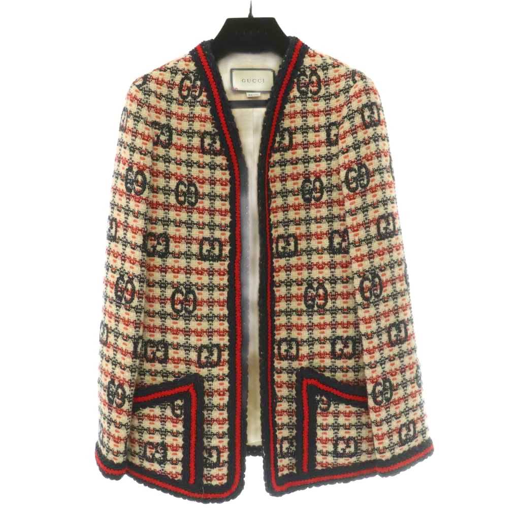 gucci///////////////\' - 【中古】グッチ GUCCI ZADEH ノーカラージャケット ツイード インターロッキング GGロゴ 刺繍 前開きトッパー ウール混 36 マルチカラー /BB ■SH レディース 【ベクトル 古着】 260612