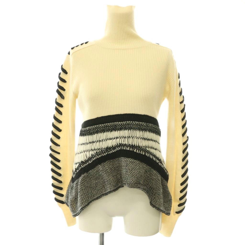 マメクロゴウチ Mame Kurogouchi Exotic Pattern Peplum Knit ニット セーター ペプラム 長袖 2 オフホワイト ブラック /HK ■OS レディース  260701