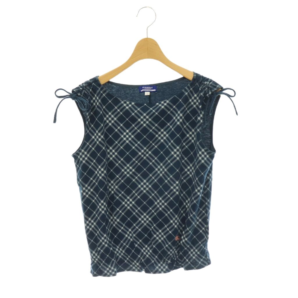 【中古】バーバリーブルーレーベル BURBERRY BLUE LABEL 肩リボンチェックノースリーブカットソー ボートネック ノバチェック 38 紺 ネイビー 白 ホワイト /CX ■OS レディース 【ベクトル 古着】 260807