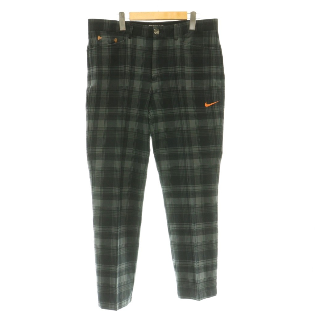 【中古】ナイキゴルフ NIKE GOLF テーパードパンツ スラックス ジップフライ チェック柄 ロゴ プリント ストレッチ XL 黒 ブラック グレー /BB ■MA メンズ 【ベクトル 古着】 260913
