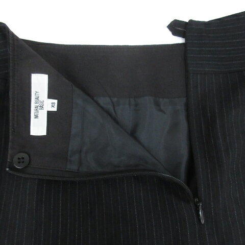 【中古】ナチュラルビューティーベーシック NATURAL BEAUTY BASIC 台形スカート ひざ丈 ウール シルク混 ストライプ柄 XS 黒 白 ブラック ホワイト /FF44 レディース 【ベクトル 古着】 220722