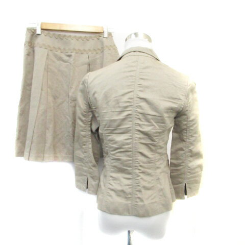 【中古】ボッシュ BOSCH セットアップ 上下 テーラードジャケット シングル ショート丈 七分袖 フレアスカート ひざ丈 リネン 38 カーキ /HO19 レディース 【ベクトル 古着】 230216