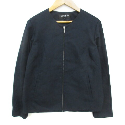 【中古】ミッシェルクラン MICHEL KLEIN ノーカラージャケット ミドル丈 ジップアップ 38 紺 黒 ネイビー ブラック /FF46 レディース 【ベクトル 古着】 230606