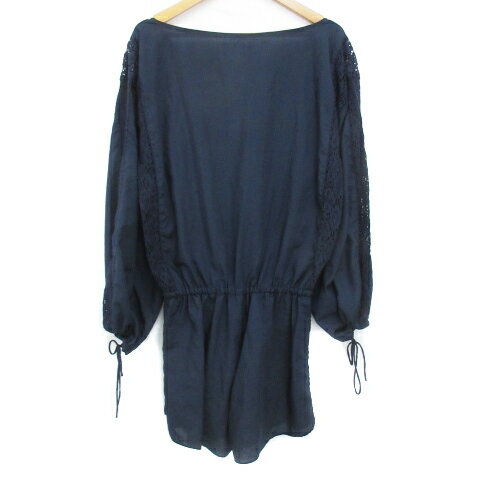 【中古】ザ・シークローゼット The Sea Closet オールインワン コンビネゾン ショートパンツ 長袖 スリットネック 切替 レース リボン 透け感 F 紺 ネイビー /FF6 レディース 【ベクトル 古着】 230616