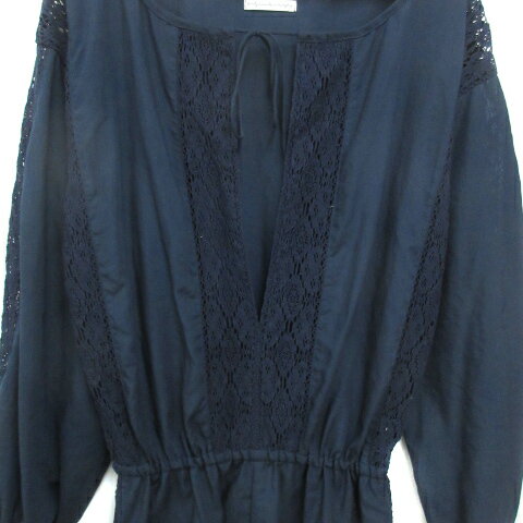 【中古】ザ・シークローゼット The Sea Closet オールインワン コンビネゾン ショートパンツ 長袖 スリットネック 切替 レース リボン 透け感 F 紺 ネイビー /FF6 レディース 【ベクトル 古着】 230616