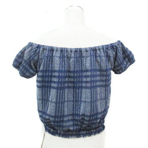 【中古】未使用品 リエンダ rienda カットソー ショート丈 半袖 オフショルダー チェック柄 総柄 F 紺 グレー ネイビー /FF24 レディース 【ベクトル 古着】 240703