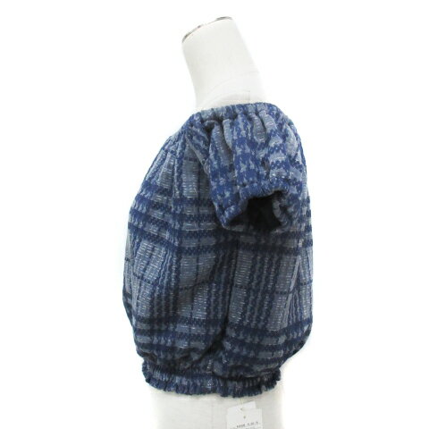 【中古】未使用品 リエンダ rienda カットソー ショート丈 半袖 オフショルダー チェック柄 総柄 F 紺 グレー ネイビー /FF24 レディース 【ベクトル 古着】 240703