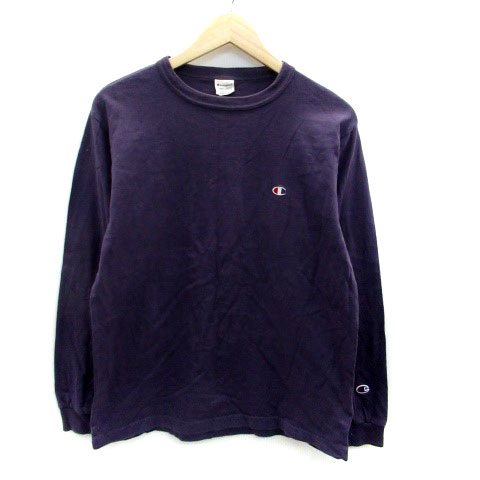 【中古】チャンピオン CHAMPION Tシャツ カットソー ラウンドネック 長袖 ロゴ刺繍 プリント M 紫 パープル オフホワイト /HO45 レディース 【ベクトル 古着】 230726