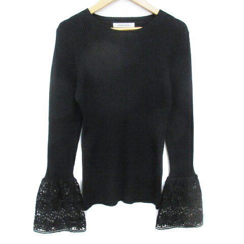 【中古】ローズバッド ROSE BUD リブニット カットソー 長袖 フレアスリーブ クルーネック 切替 レース F 黒 ブラック /FF53 レディース 【ベクトル 古着】 230801