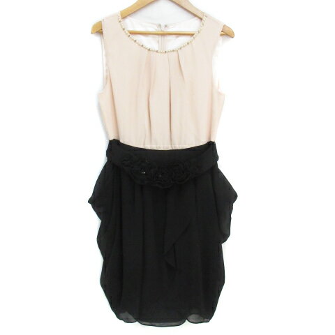 【中古】アプワイザーリッシェ Apuweiser-riche ワンピース ひざ丈 ノースリーブ Uネック 切替 ビーズ ベルト付き 2 バイカラー ベージュ 黒 ブラック /FF22 レディース 【ベクトル 古着】 230822