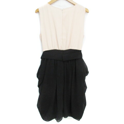 【中古】アプワイザーリッシェ Apuweiser-riche ワンピース ひざ丈 ノースリーブ Uネック 切替 ビーズ ベルト付き 2 バイカラー ベージュ 黒 ブラック /FF22 レディース 【ベクトル 古着】 230822