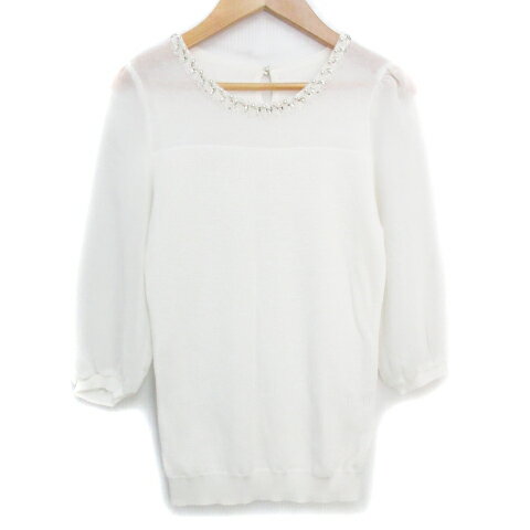 【中古】アプワイザーリッシェ Apuweiser-riche ニット カットソー 七分袖 Uネック 切替 透け感 ビーズ ビジュー 2 白 ホワイト /FF46 レディース 【ベクトル 古着】 230821(4)