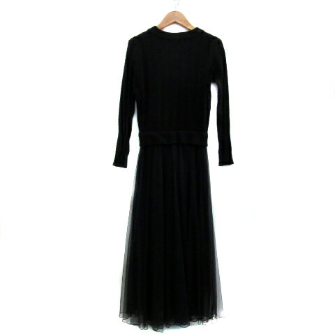 【中古】マジェスティックレゴン MAJESTIC LEGON ドッキングワンピース マキシ丈 ロング丈 長袖 ラウンドネック 切替 ニット チュール M 黒 ブラック /YS33 ■MO レディース 【ベクトル 古着】 230825