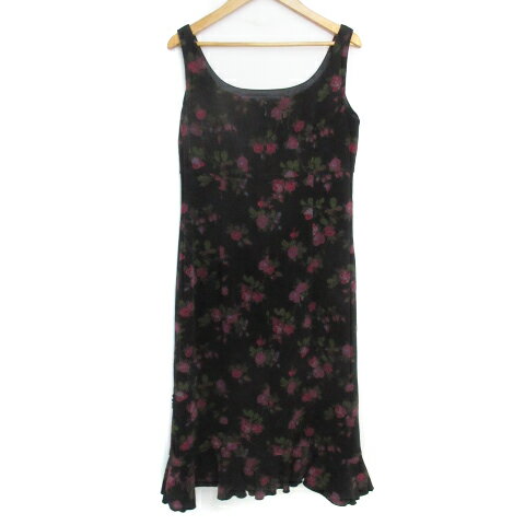 【中古】レストローズ L'EST ROSE フレアワンピース ロング丈 ノースリーブ Uネック 花柄 マルチカラー M 黒 赤 ブラック レッド /FF16 レディース 【ベクトル 古着】 230904