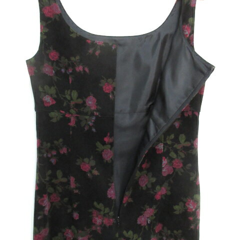 【中古】レストローズ L'EST ROSE フレアワンピース ロング丈 ノースリーブ Uネック 花柄 マルチカラー M 黒 赤 ブラック レッド /FF16 レディース 【ベクトル 古着】 230904