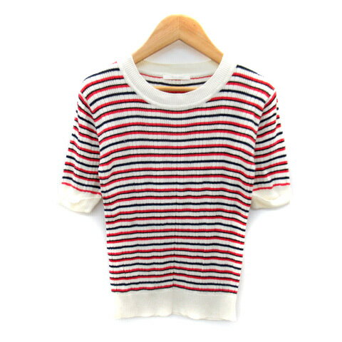 【中古】レトロガール RETRO GIRL ニット カットソー 五分袖 クルーネック ボーダー柄 ロールアップ M ..