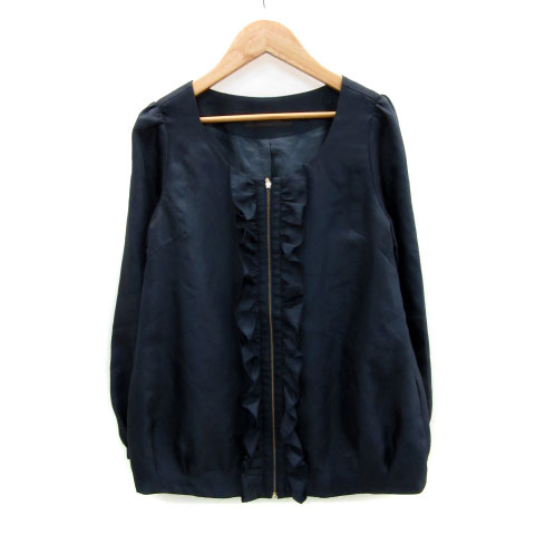 【中古】ジュエルチェンジズ Jewel Changes アローズ ノーカラージャケット ミドル丈 フリル ジップアップ 2 ネイビー 紺 /MS32 レディース 【ベクトル 古着】 230911