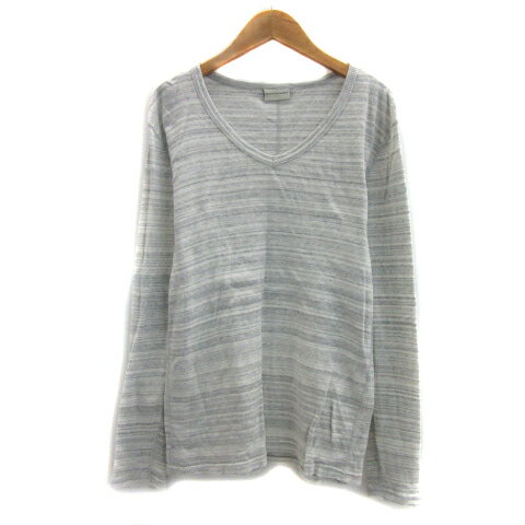 【中古】ナノユニバース nano universe リブカットソー 長袖 Vネック ボーダー柄 L グレー 白 ホワイト /YS29 メンズ 【ベクトル 古着】 230912