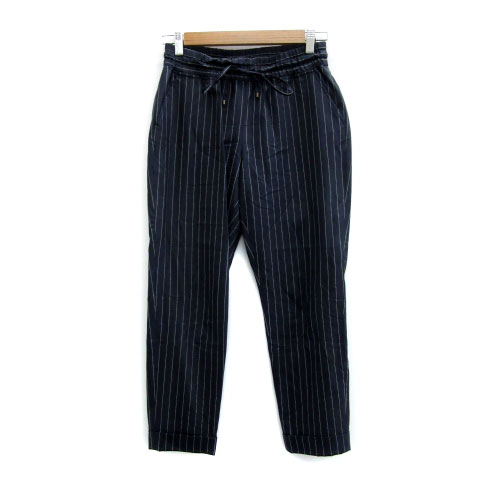 【中古】メゾンドリーファー MAISON DE REEFUR テーパードパンツ イージーパンツ アンクル丈 ロールアップ ストライプ柄 リボン ウール 38 ネイビー 紺 /MS8 レディース 【ベクトル 古着】 230928