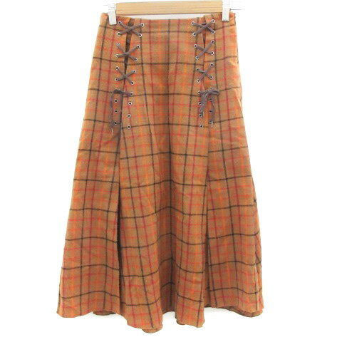 【中古】ミラオーウェン Mila Owen フレアスカート ロング丈 グラフチェック柄 レースアップ スリット マルチカラー ウール混 0 ブラウン 茶 /YM16 レディース 【ベクトル 古着】 231108