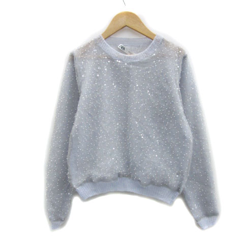 【中古】ザラ ZARA ニット カットソー 長袖 ラウンドネック ビーズ レース S ライトブルー 水色 /MS26 ..