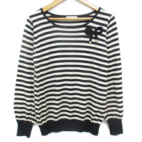 【中古】ボンメルスリー BON MERCERIE ニット カットソー 長袖 ラウンドネック リボン ボーダー柄 ウール混 38 アイボリー 紺 ネイビー /FF44 ■MO レディース 【ベクトル 古着】 231123