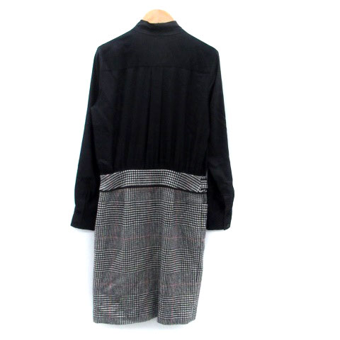 【中古】ボッシュ BOSCH ドッキングワンピース ボウタイ 長袖 ひざ丈 千鳥格子柄 36 黒 ブラック オフホワイト /HO49 レディース 【ベクトル 古着】 240111