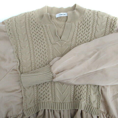 【中古】ドゥドゥ DOUDOU チュニック 長袖 スリットネック ニット ケーブル編み 切替 F ベージュ /SM20 レディース 【ベクトル 古着】 240115