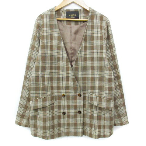 【中古】アズノウアズ as know as ノーカラージャケット ミドル丈 総裏地 ダブルボタン グレンチェック柄 マルチカラー F ベージュ 白 ホワイト /FF49 レディース 【ベクトル 古着】 240123