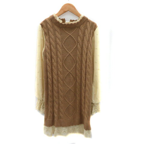 【中古】アクシーズファム axes femme ニットワンピース ミニ丈 長袖 ラウンドネック フリル 切替 チュールレース 無地 M ブラウン /YK21 レディース 【ベクトル 古着】 240118