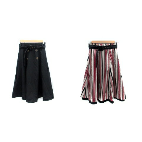 【中古】トッコ TOCCO フレアスカート ミモレ丈 ストライプ柄 ベルト付き リバーシブル M マルチカラー 黒 ブラック /HO33 レディース 【ベクトル 古着】 240124