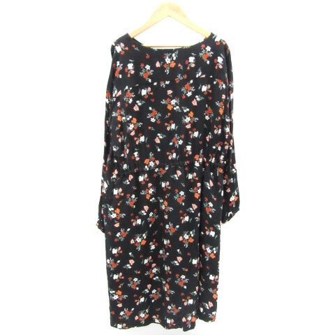 【中古】サマンサモスモス SM2 ワンピース ひざ丈 長袖 ラウンドネック 花柄 L ブラック 黒 /YM24 レディース 【ベクトル 古着】 240214
