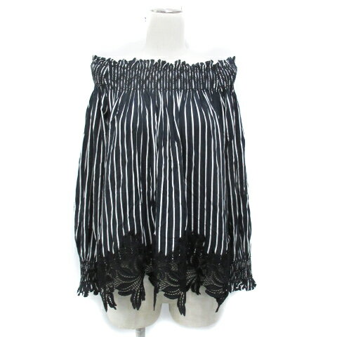 【中古】シソラス SYSORUS ブラウス カットソー 長袖 オフショルダー レース ストライプ柄 38 黒 白 ブ..