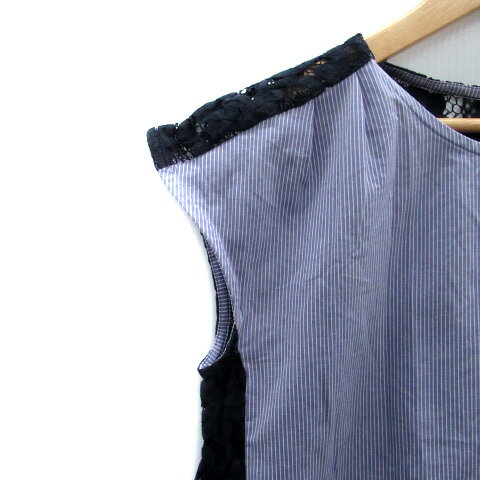 【中古】B&Y ユナイテッドアローズ BEAUTY&YOUTH ビューティー&ユース ブラウス カットソー ラウンドネック フレンチスリーブ レース 切替 ストライプ柄 オフホワイト 青 ブルー /HO46 レディース 【ベクトル 古着】 240304