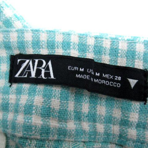 【中古】ザラ ZARA フレアパンツ アンクル丈 ギンガムチェック柄 M 水色 ライトブルー 白 ホワイト /SY28 レディース 【ベクトル 古着】 240327
