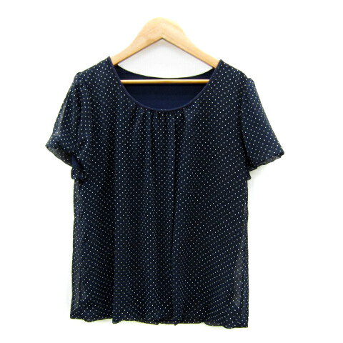 【中古】ナチュラルビューティーベーシック NATURAL BEAUTY BASIC ブラウス カットソー 半袖 ラウンドネック ドット柄 水玉柄 M 紺 ネイビー /SY28 レディース 【ベクトル 古着】 240501