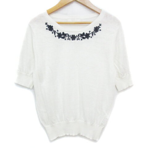 【中古】アリスバーリー Aylesbury ニット カットソー 五分袖 ラウンドネック 麻 リネン シースルー 刺繍 花柄 M 白 紺 ホワイト ネイビー /FF19 レディース 【ベクトル 古着】 240613