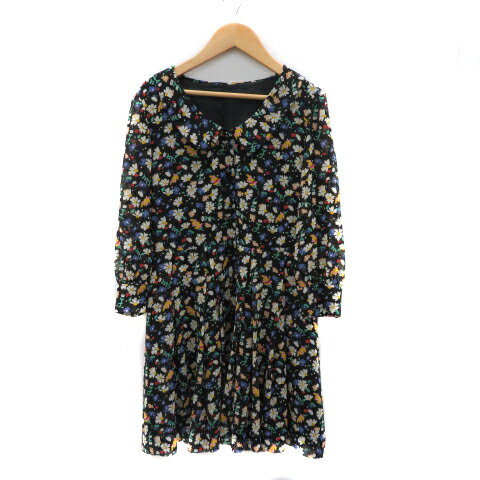 【中古】シンシアローリー CYNTHIA ROWLEY シャツワンピース ミニ丈 七分袖 ラウンドカラー 花柄 2 マルチカラー 黒 ブラック /YK47 レディース 【ベクトル 古着】 240613
