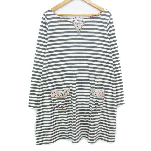 【中古】ビームスハート BEAMS HEART フレアワンピース ミニ丈 長袖 ラウンドネック 切替 花柄 ボーダー柄 マルチカラー 白 チャコールグレー ホワイト /FF2 レディース 【ベクトル 古着】 240627