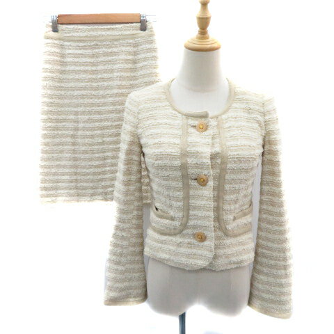 【中古】タルボット TALBOTS フォーマル セットアップ 上下 ノーカラージャケット ミドル丈 総裏地 シングルボタン フレアスカート ひざ丈 2 ベージュ /YK45 レディース 【ベクトル 古着】 241021