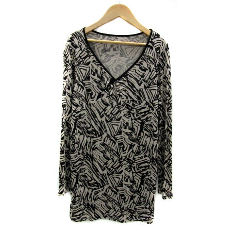 【中古】ドゥクラッセ DoCLASSE チュニック カットソー 長袖 Vネック 総柄 シルク M 黒 ブラック ベージュ /YS34 レディース 【ベクトル 古着】 241030