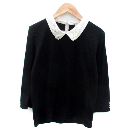 【中古】アラマンダ allamanda ニット カットソー ステンカラー 七分袖 フェイクパール 花モチーフ 38 ..