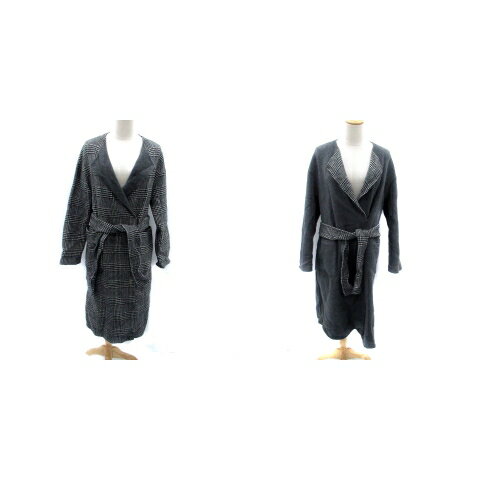 【中古】ロペ ROPE ガウンコート ロング丈 リバーシブル グレンチェック柄 無地 リボンベルト付き 38 M チャコールグレー 黒 ブラック /HO14 レディース 【ベクトル 古着】 241127