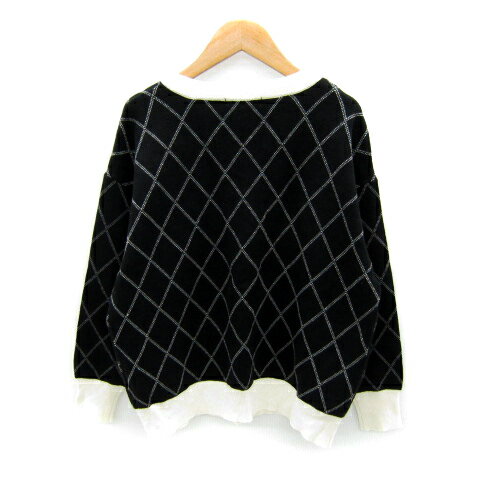 【中古】グローブ grove ニットカーディガン ミドル丈 Vネック アーガイルチェック柄 オーバーサイズ M 黒 ブラック /SY26 レディース 【ベクトル 古着】 241224