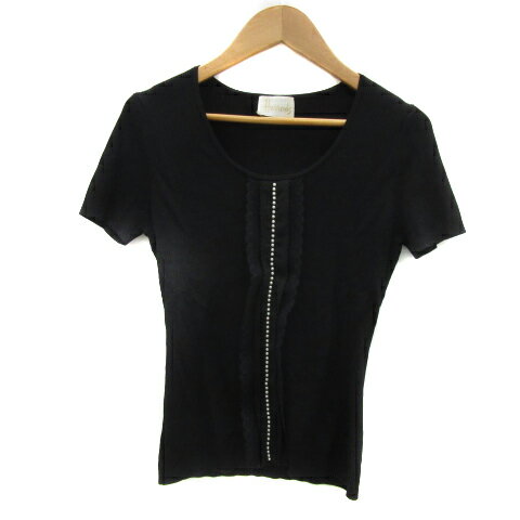 【中古】ハロッズ Harrods リブニット カットソー 半袖 ラウンドネック チュール フェイクパール 黒 ブ..