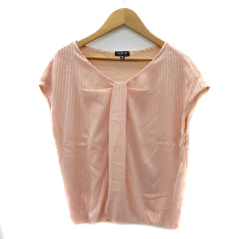 【中古】インディヴィ INDIVI ニット カットソー 半袖 切替 シフォン ストライプ柄 38 M ピンクベージ..