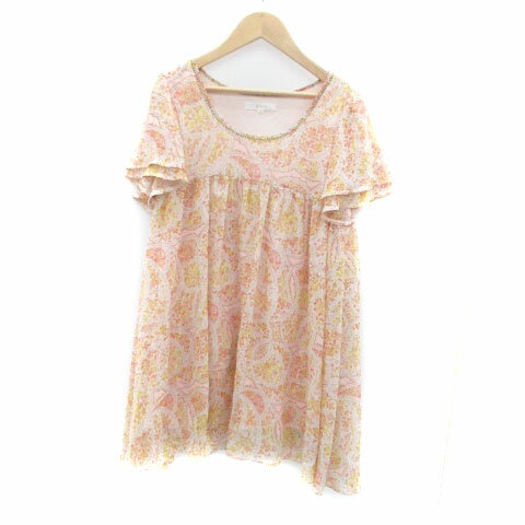 【中古】グローブ grove チュニック ラウンドネック 半袖 総柄 M マルチカラー ピンク /HO41 レディース 【ベクトル 古着】 250317