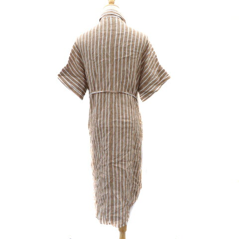 【中古】コーエン coen シャツワンピース ロング丈 半袖 ウエストリボン ストライプ柄 麻 リネン F オフホワイト /YK31 レディース 【ベクトル 古着】 250325