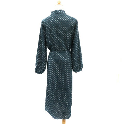 【中古】ユナイテッドアローズ A DAY IN THE LIFE UNITED ARROWS シャツワンピース ロング丈 長袖 バンドカラー ウエストリボン 総柄 ダークグリーン /YK25 レディース 【ベクトル 古着】 250325