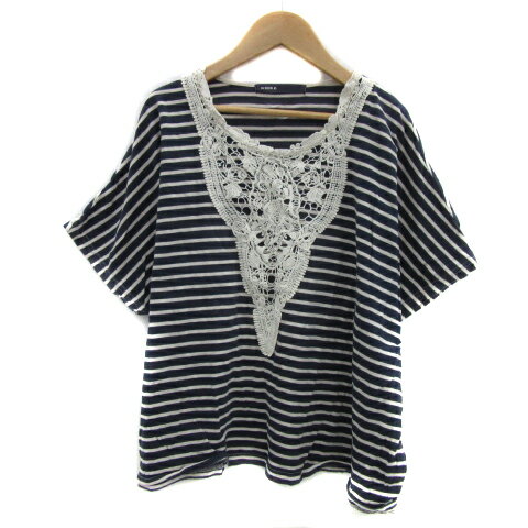 【中古】アズノウアズ as know as カットソー 半袖 ラウンドネック ボーダー柄 レース オーバーサイズ F 紺 ネイビー 白 ホワイト /YS24 レディース 【ベクトル 古着】 250327